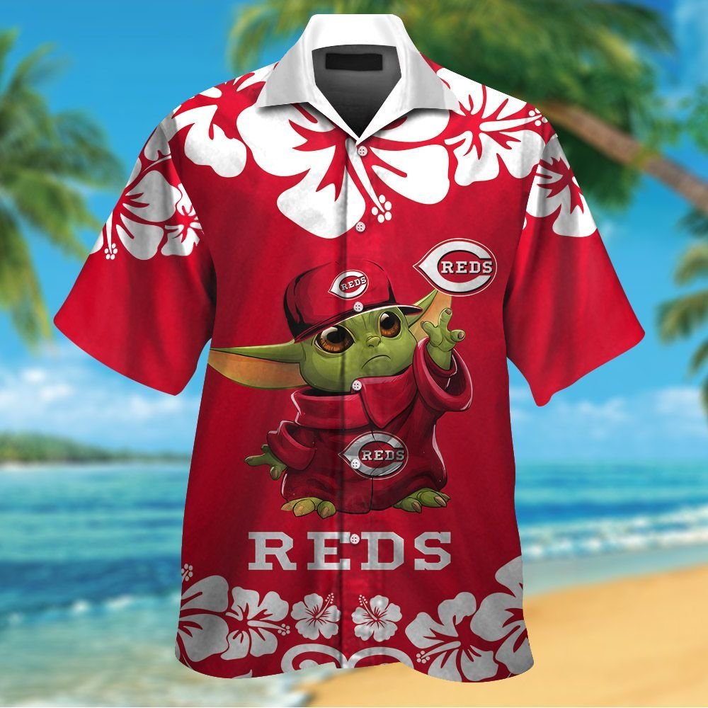 Cincinnati Reds Baby Yoda Short Sleeve Button Up Tropical Aloha