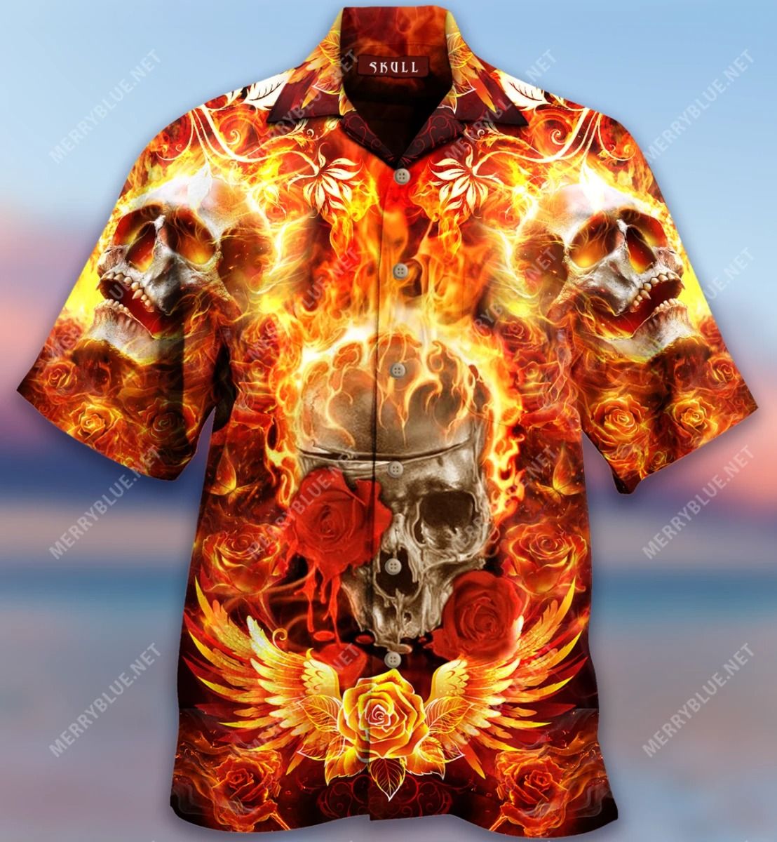 New Flaming Rose Skull Hawaiian Shirt - Meteew