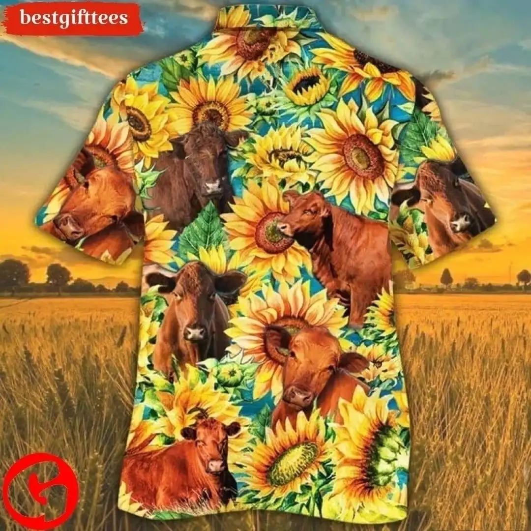 Red Angus Cattle Sunflower Watercolor Hawaiian Shirt, Hawaiian Shirts ...