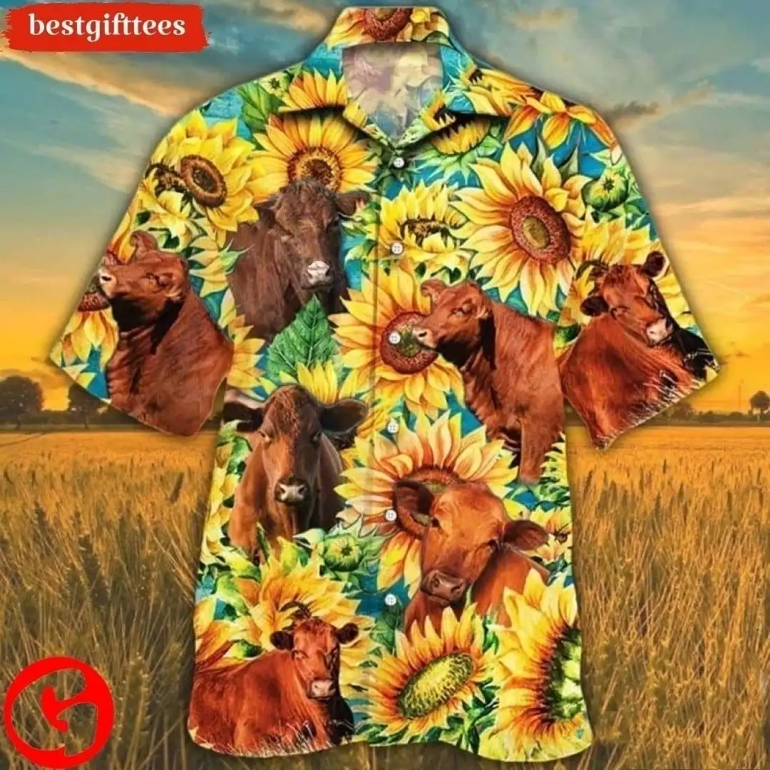 Red Angus Cattle Sunflower Watercolor Hawaiian Shirt, Hawaiian Shirts ...