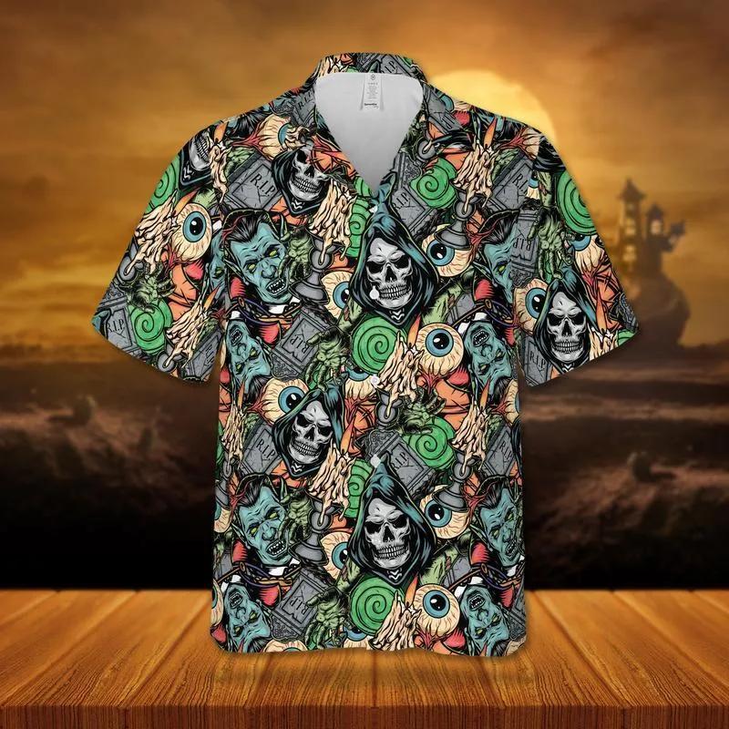 Vampires, Death and Zombies Halloween Hawaiian Shirt, Print Aloha Short ...