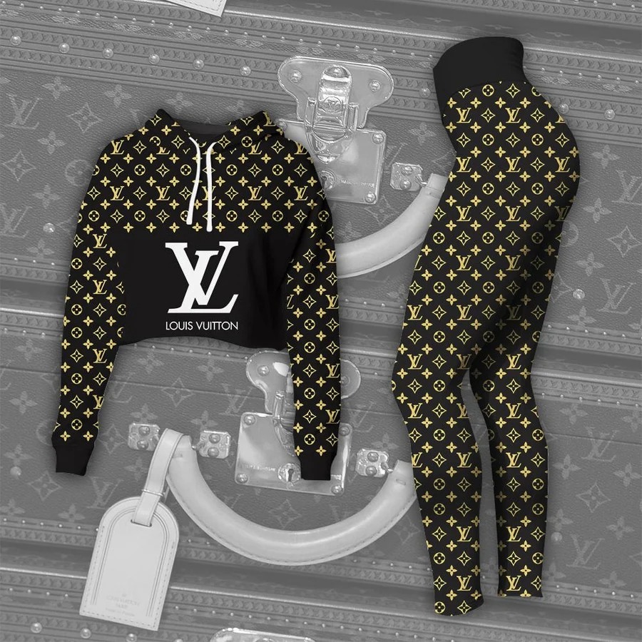 Louis Vuitton Black Gold Croptop Hoodie Leggings For Women Luxury Brand