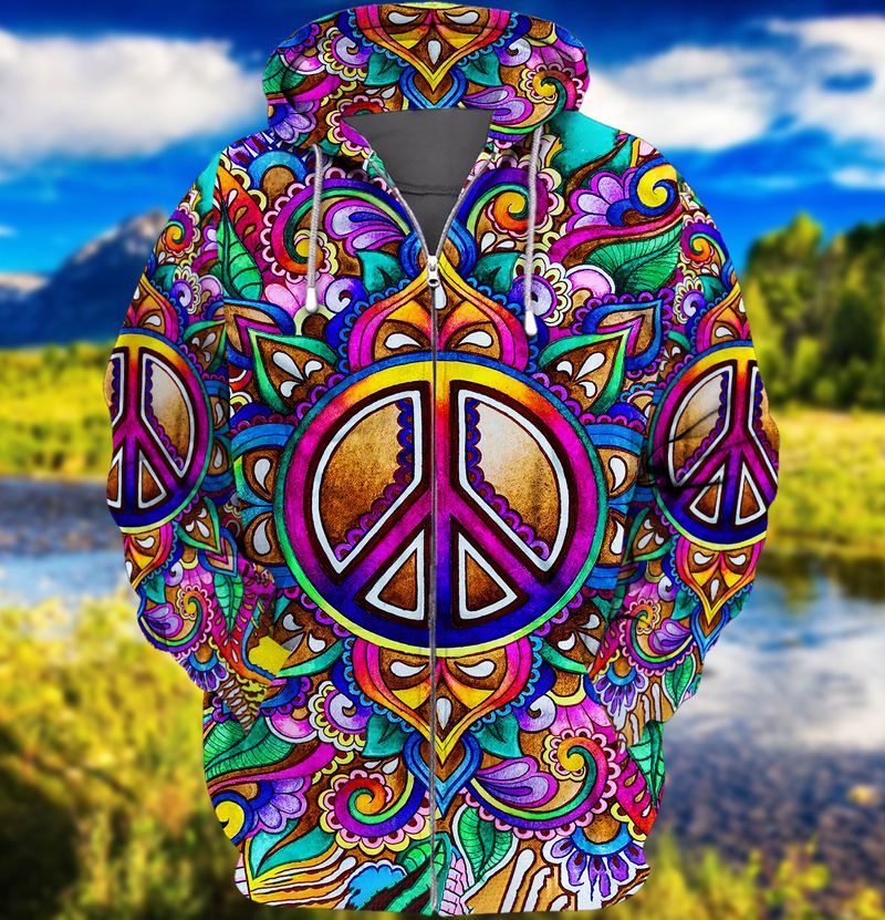 Buy Hippie Peace Sign Colorful 3D Full Print Zipper Hoodie - Meteew