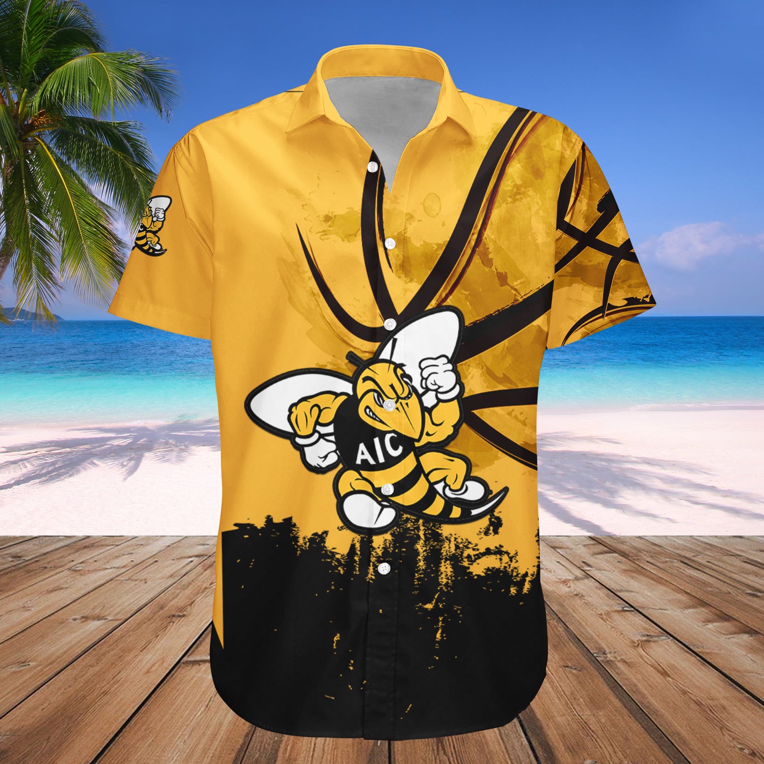 American International Yellow Jackets Hawaiian Shirt Set Basketball Net Grunge Pattern 1