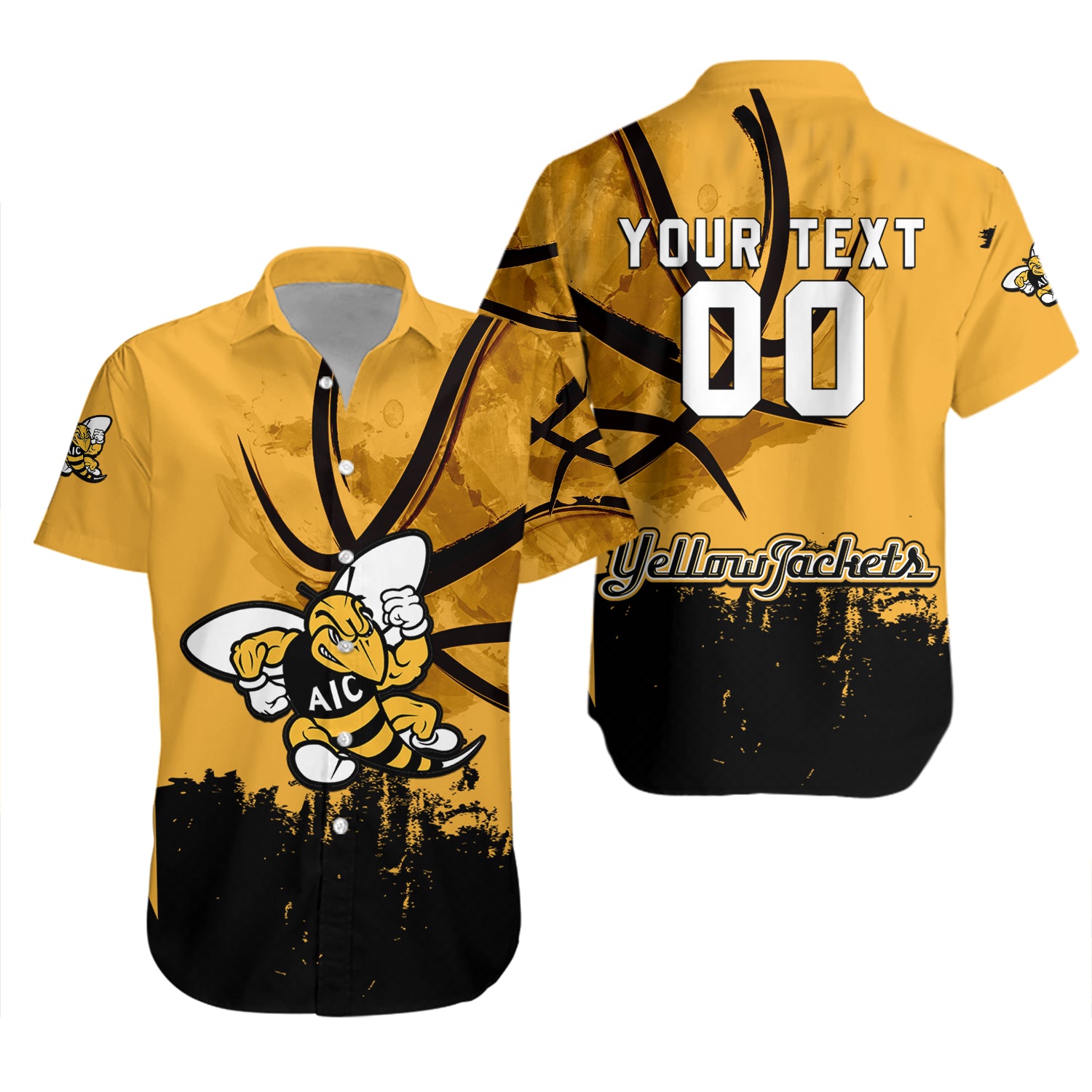 American International Yellow Jackets Hawaiian Shirt Set Basketball Net Grunge Pattern 2