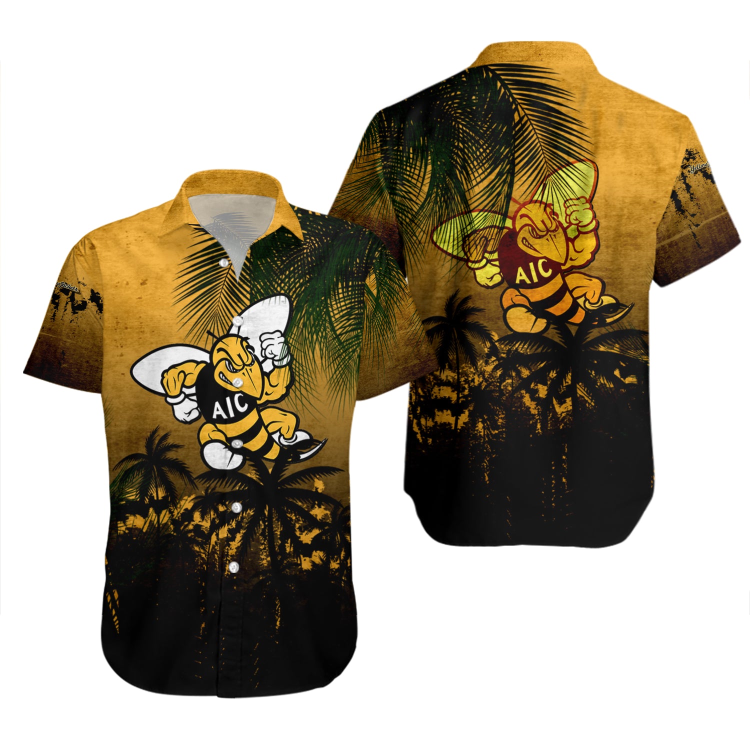 American International Yellow Jackets Hawaiian Shirt Set Coconut Tree Tropical Grunge 2