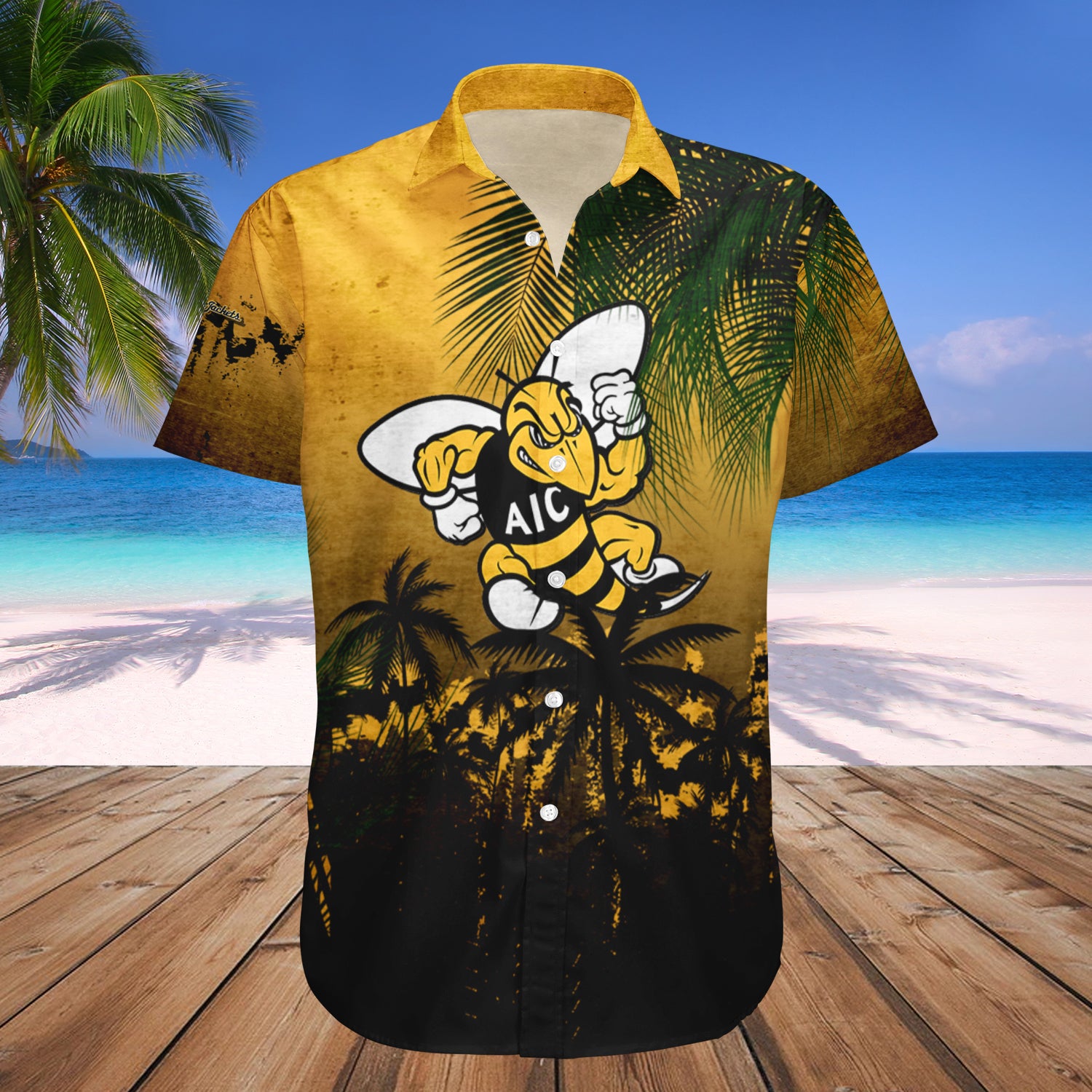 American International Yellow Jackets Hawaiian Shirt Set Coconut Tree Tropical Grunge 1