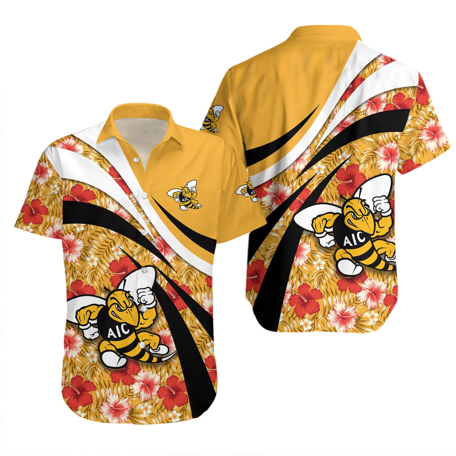 American International Yellow Jackets Hawaiian Shirt Set Hibiscus Sport Style 2