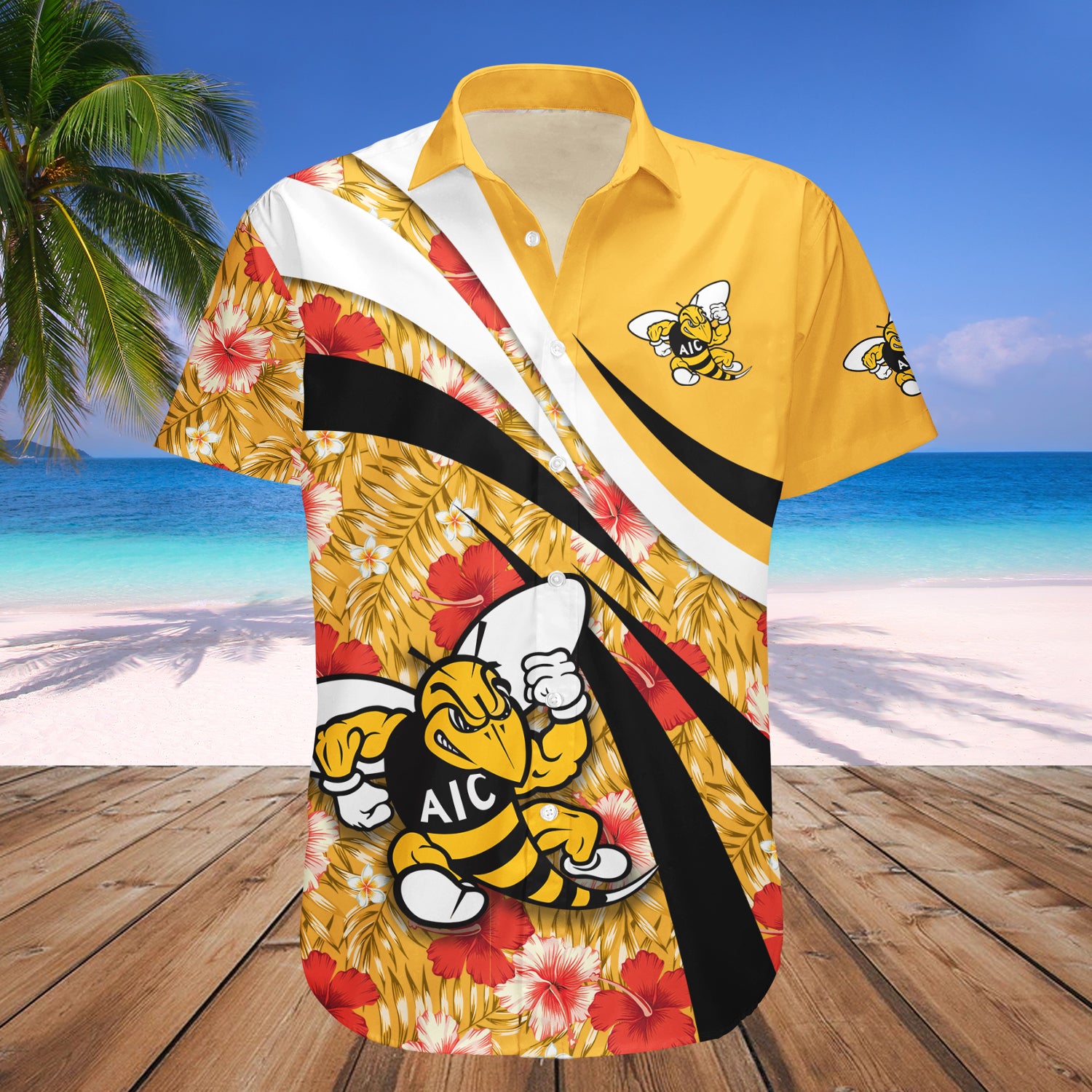 American International Yellow Jackets Hawaiian Shirt Set Hibiscus Sport Style 1