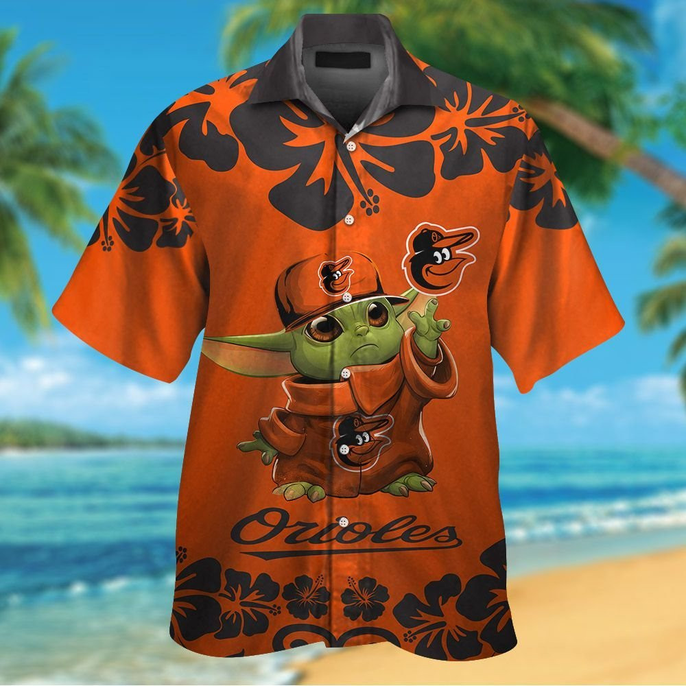Baltimore Orioles Baby Yoda Short Sleeve Button Up Tropical Aloha ...