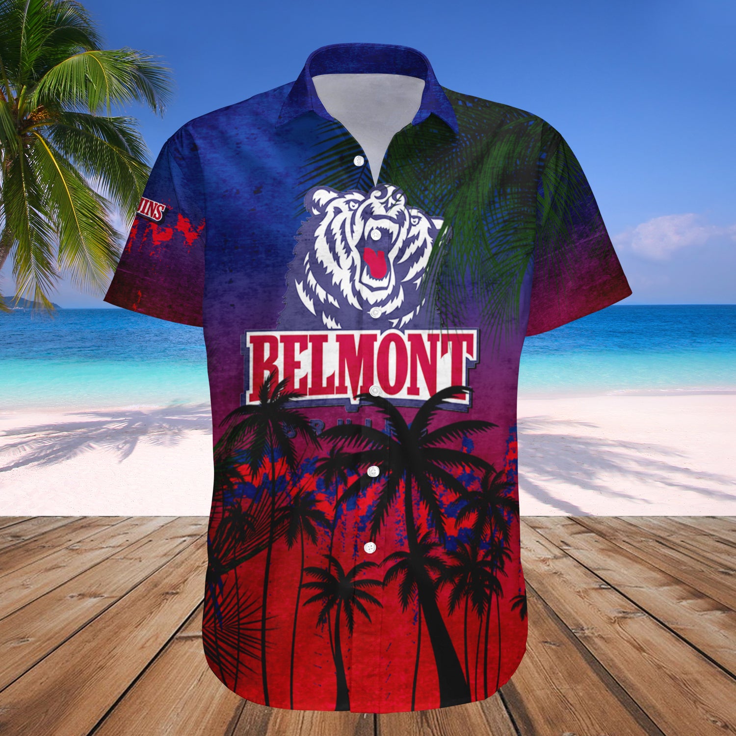 Belmont Bruins Hawaiian Shirt Set Coconut Tree Tropical Grunge 1