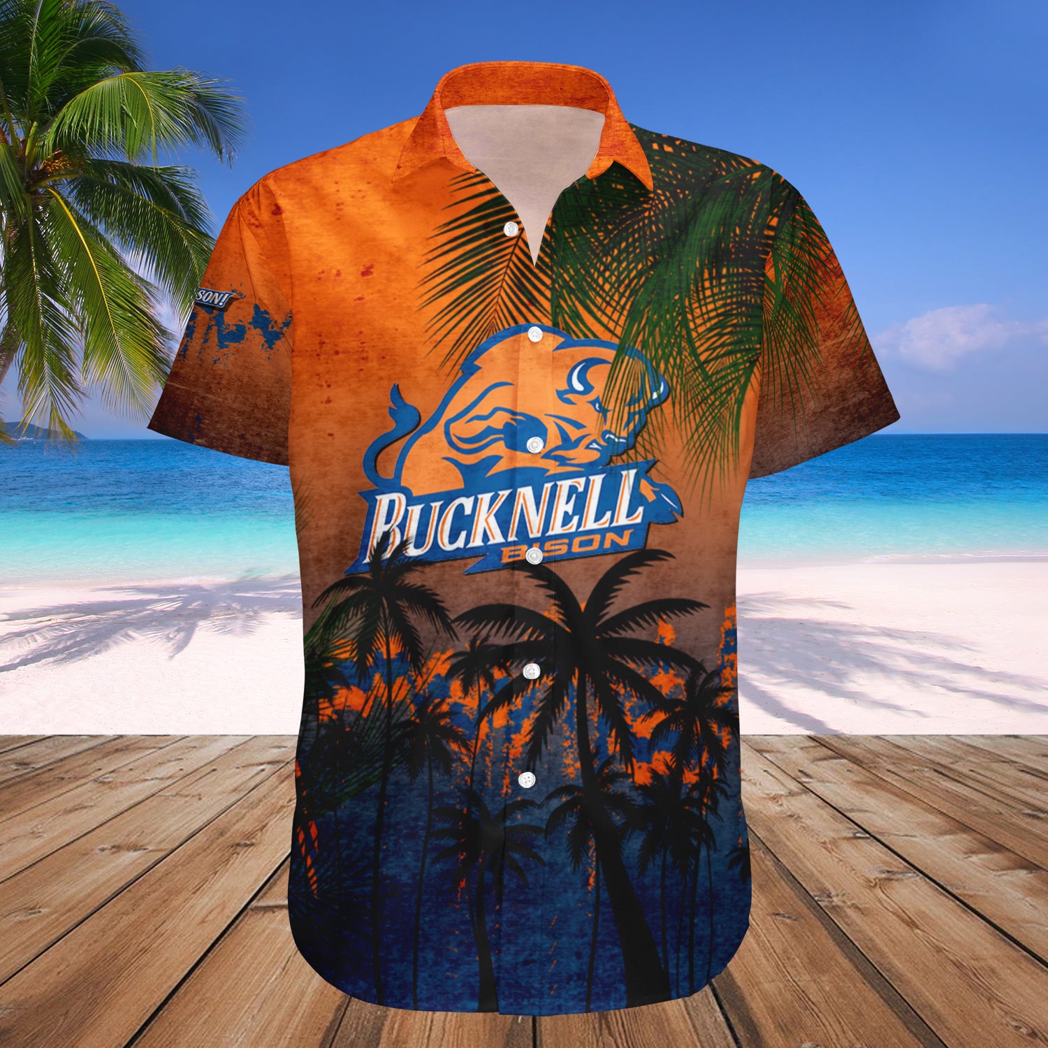 Bucknell Bison Hawaiian Shirt Set Coconut Tree Tropical Grunge 1