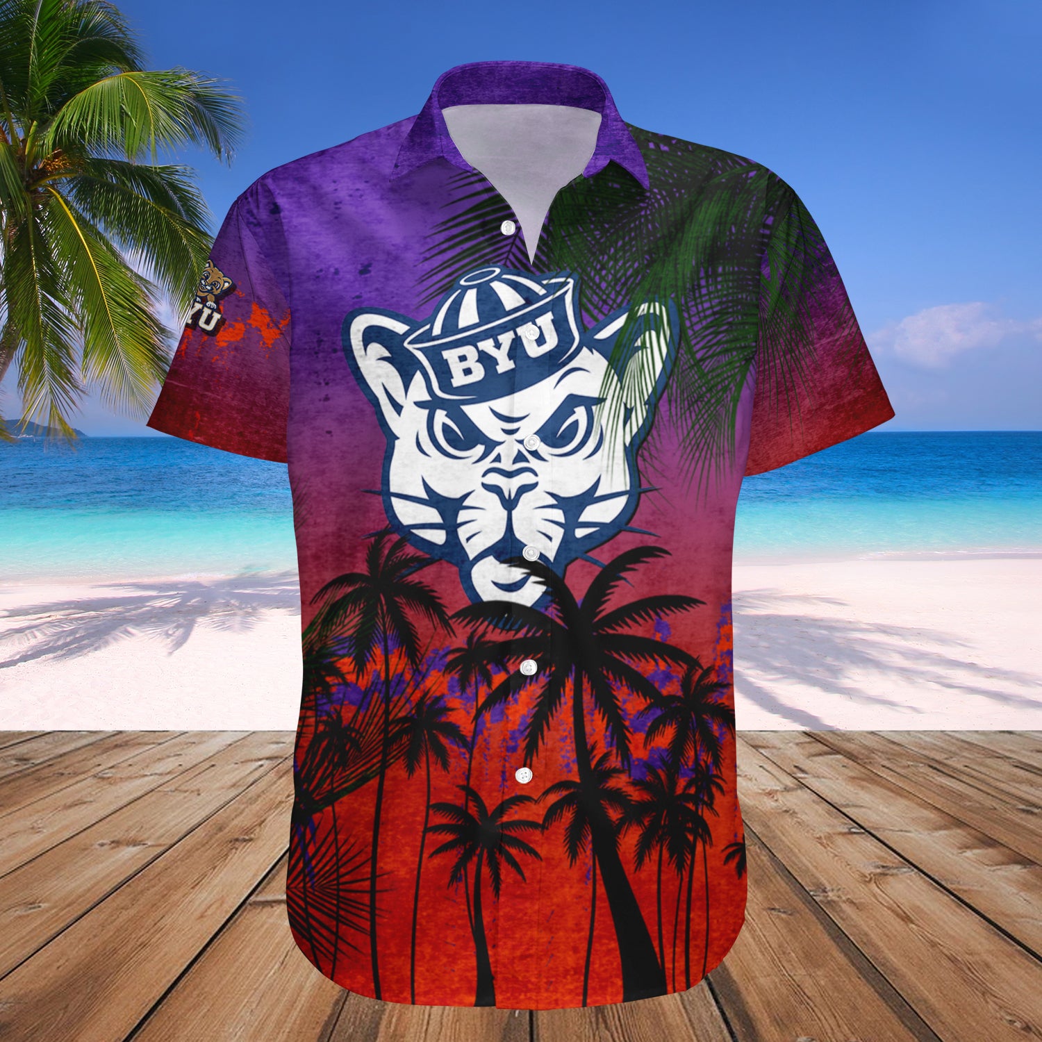 BYU Cougars Hawaiian Shirt Set Coconut Tree Tropical Grunge 1