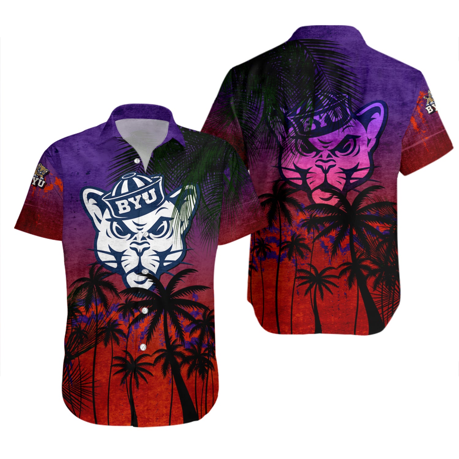 BYU Cougars Hawaiian Shirt Set Coconut Tree Tropical Grunge 2