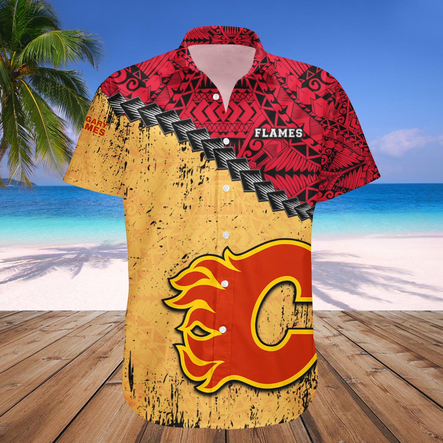 Calgary Flames Hawaiian Shirt Set Grunge Polynesian Tattoo - NHL 1