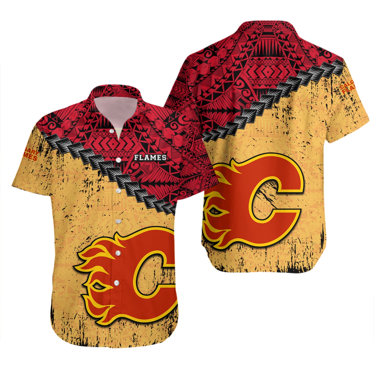 Calgary Flames Hawaiian Shirt Set Grunge Polynesian Tattoo - NHL 2