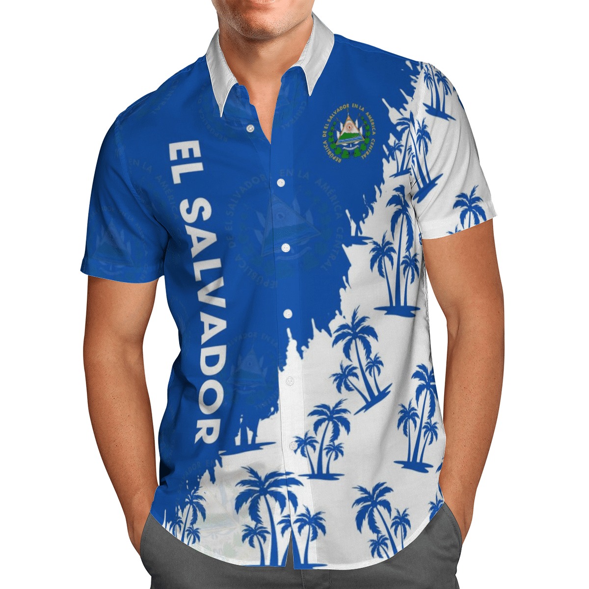 El Salvador Half Blue And White Hawaiian Shirt Set - Meteew