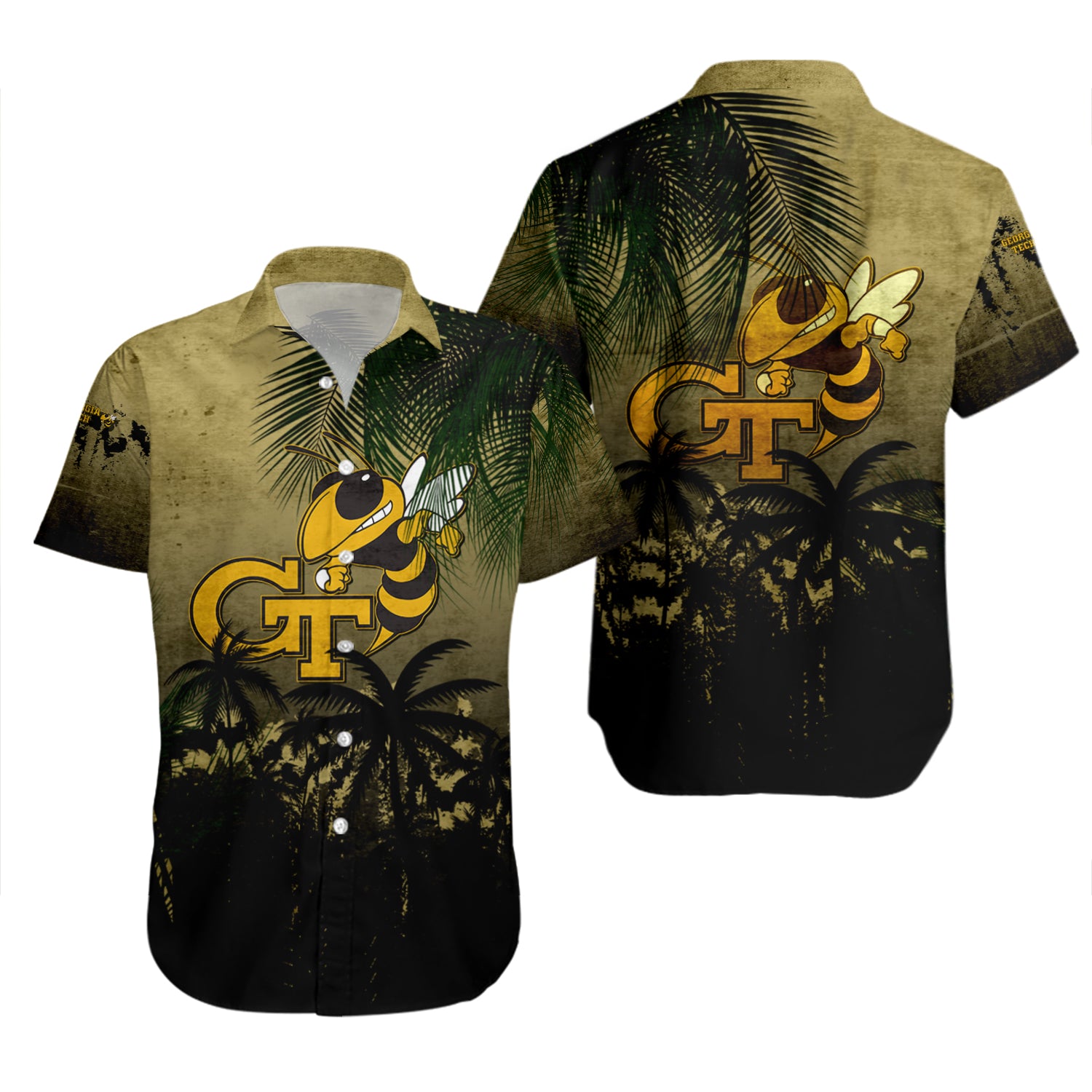 Georgia Tech Yellow Jackets Hawaiian Shirt Set Coconut Tree Tropical Grunge 2