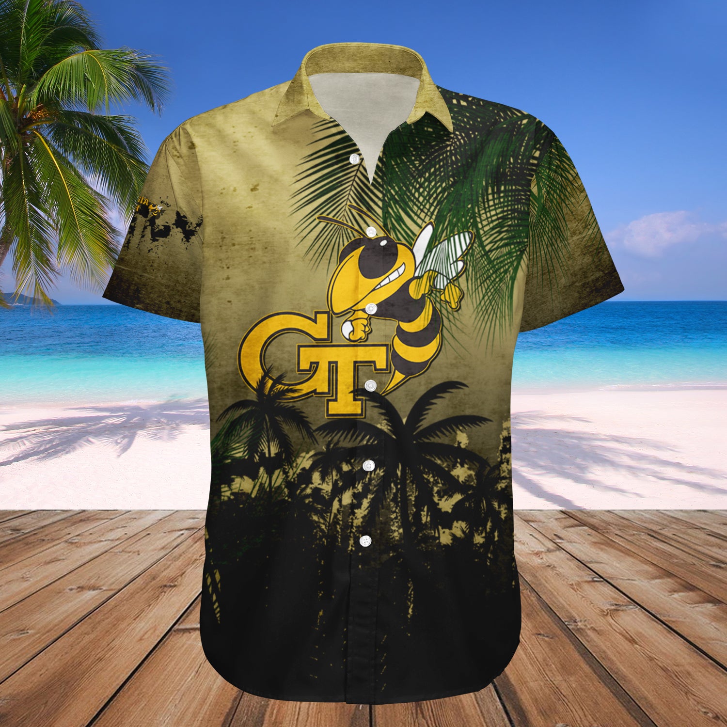 Georgia Tech Yellow Jackets Hawaiian Shirt Set Coconut Tree Tropical Grunge 1