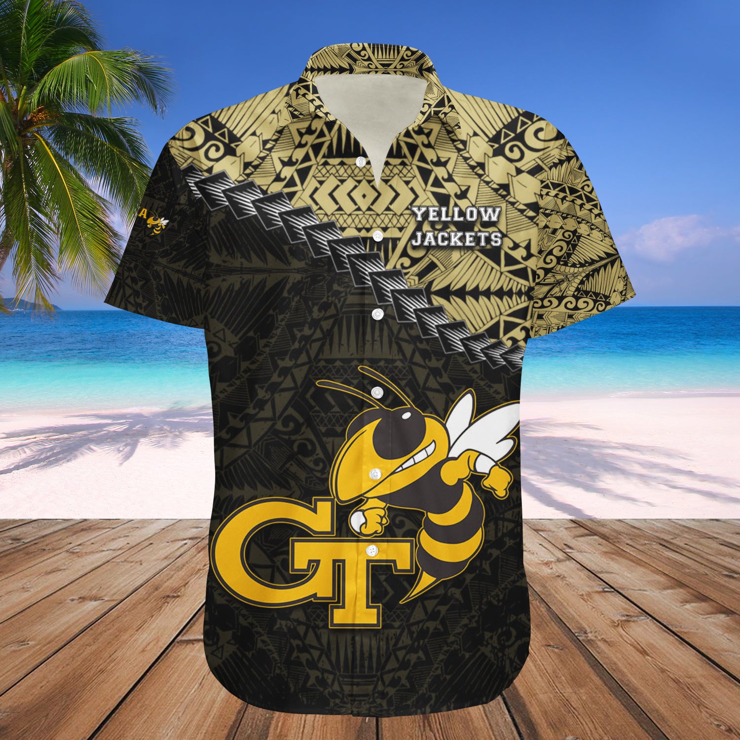 Georgia Tech Yellow Jackets Hawaiian Shirt Set Grunge Polynesian Tattoo 1