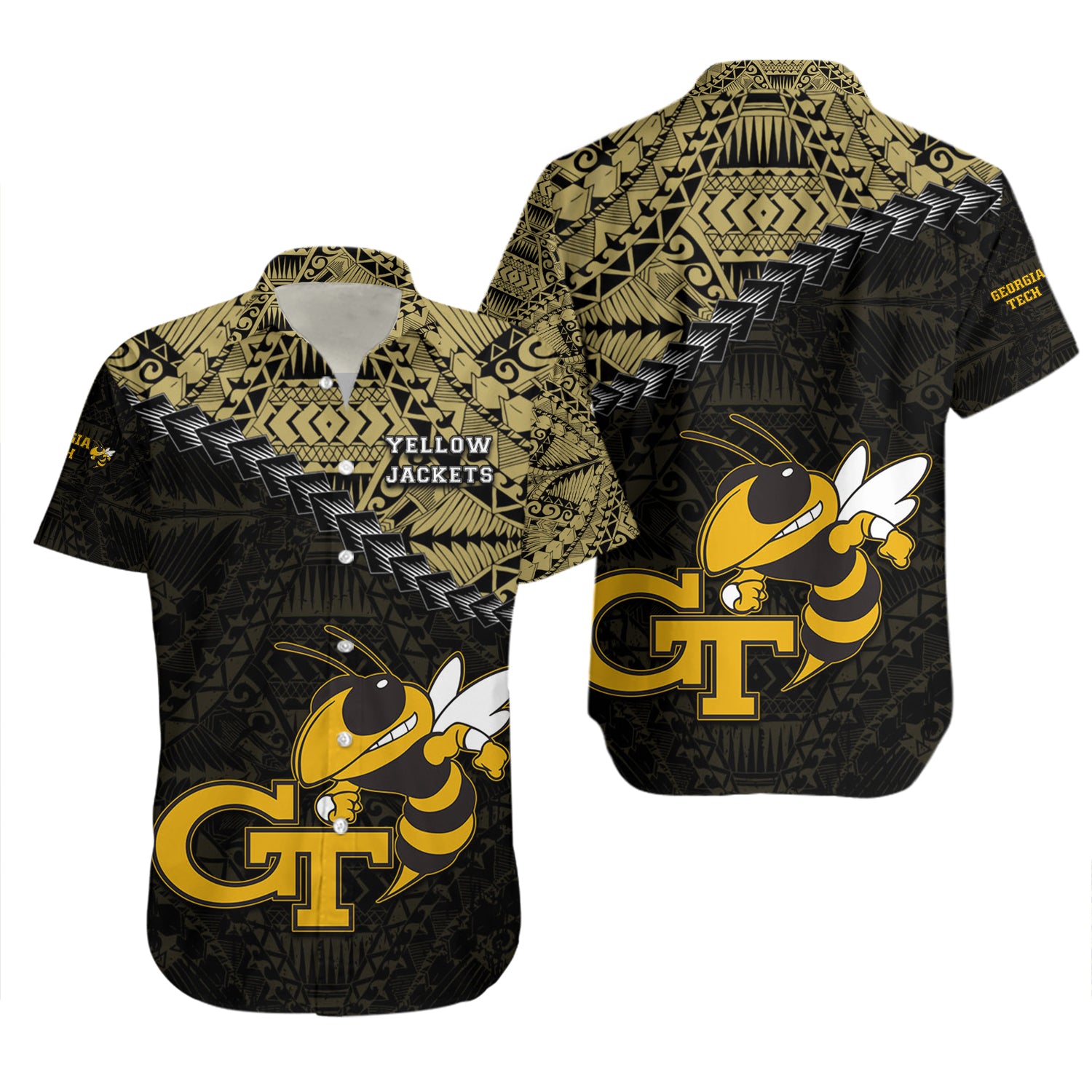 Georgia Tech Yellow Jackets Hawaiian Shirt Set Grunge Polynesian Tattoo 2