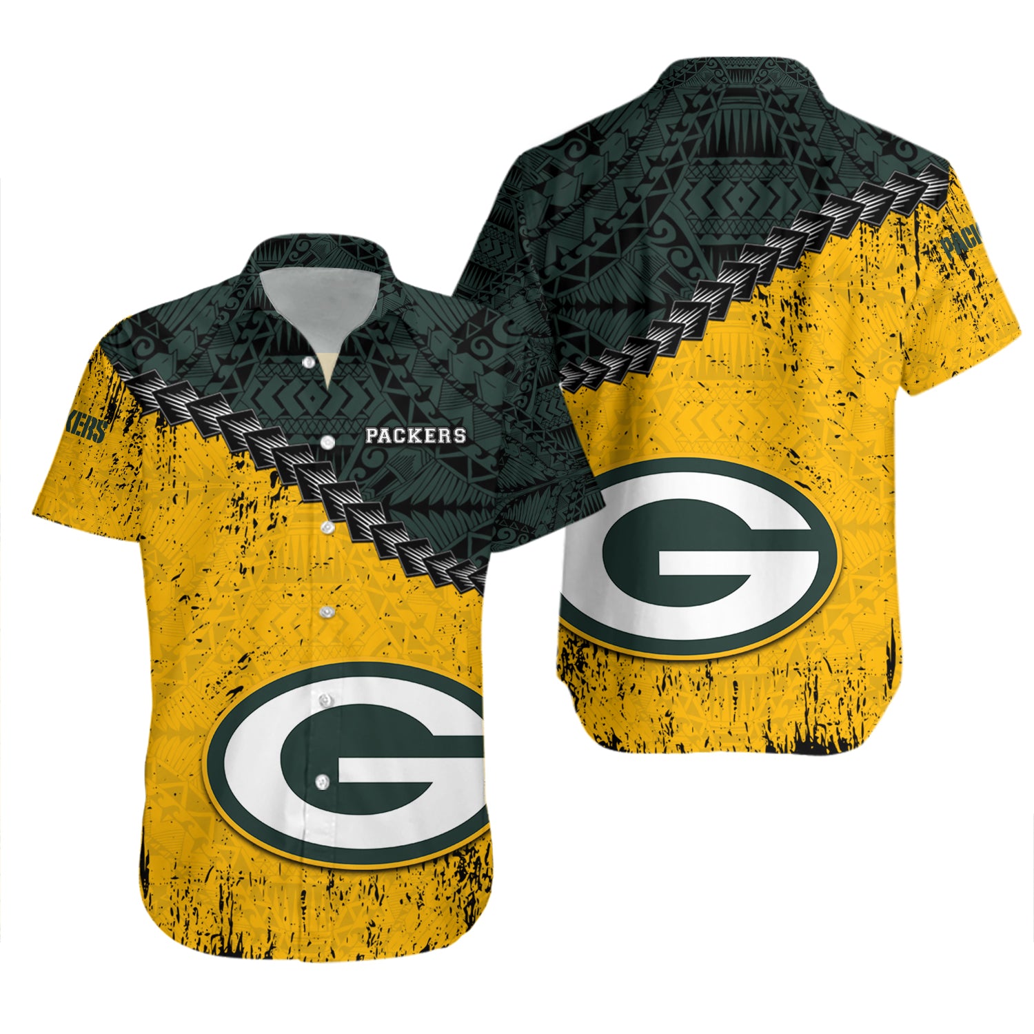Green Bay Packers Hawaiian Shirt Set Grunge Polynesian Tattoo - NFL 2