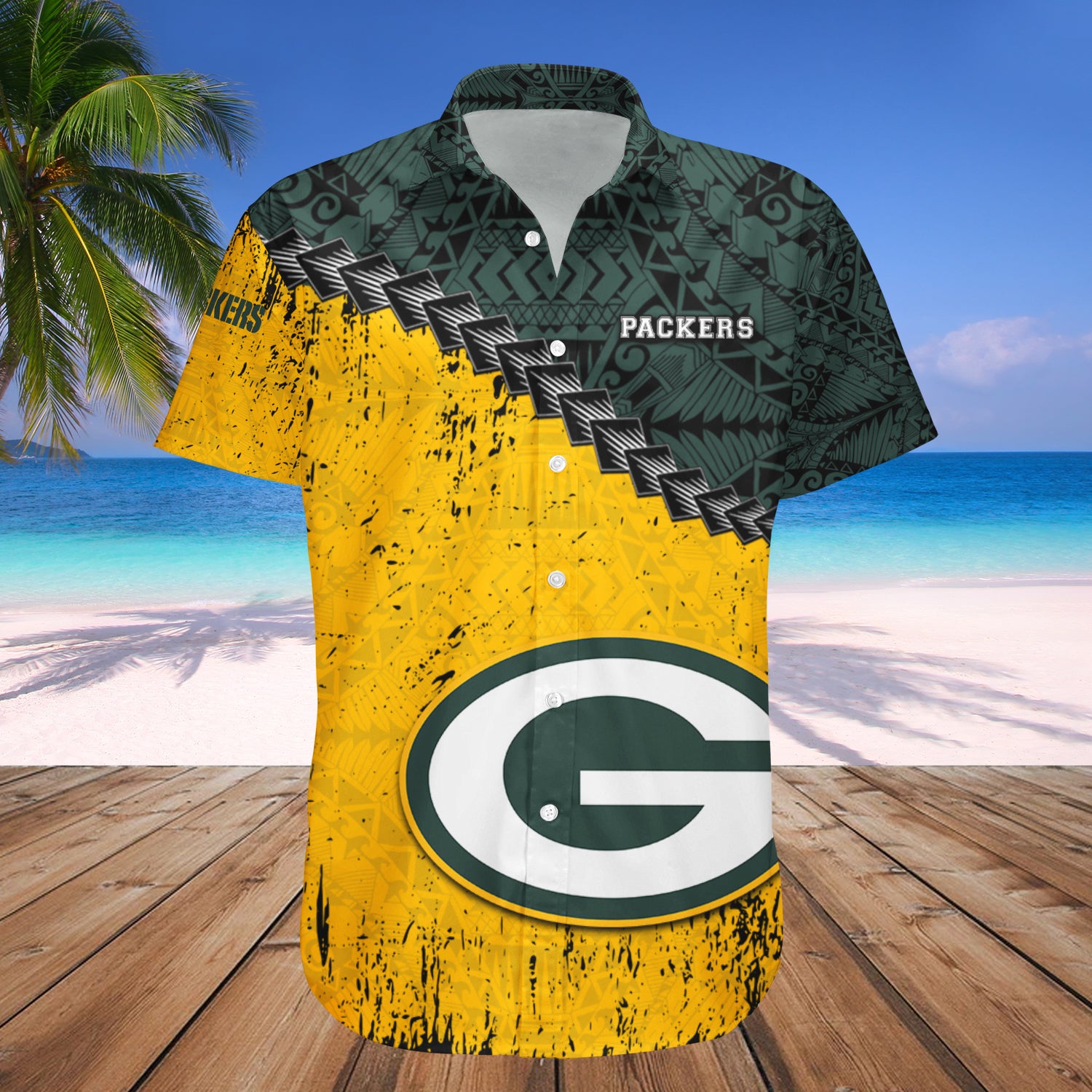 Green Bay Packers Hawaiian Shirt Set Grunge Polynesian Tattoo - NFL 1