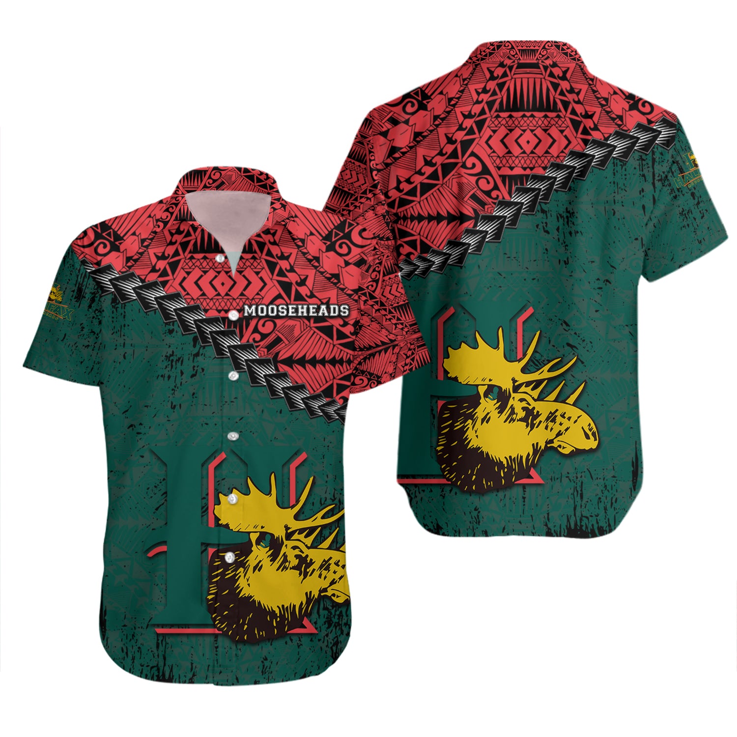 Halifax Mooseheads Hawaiian Shirt Set Grunge Polynesian Tattoo - CA HOCKEY 2