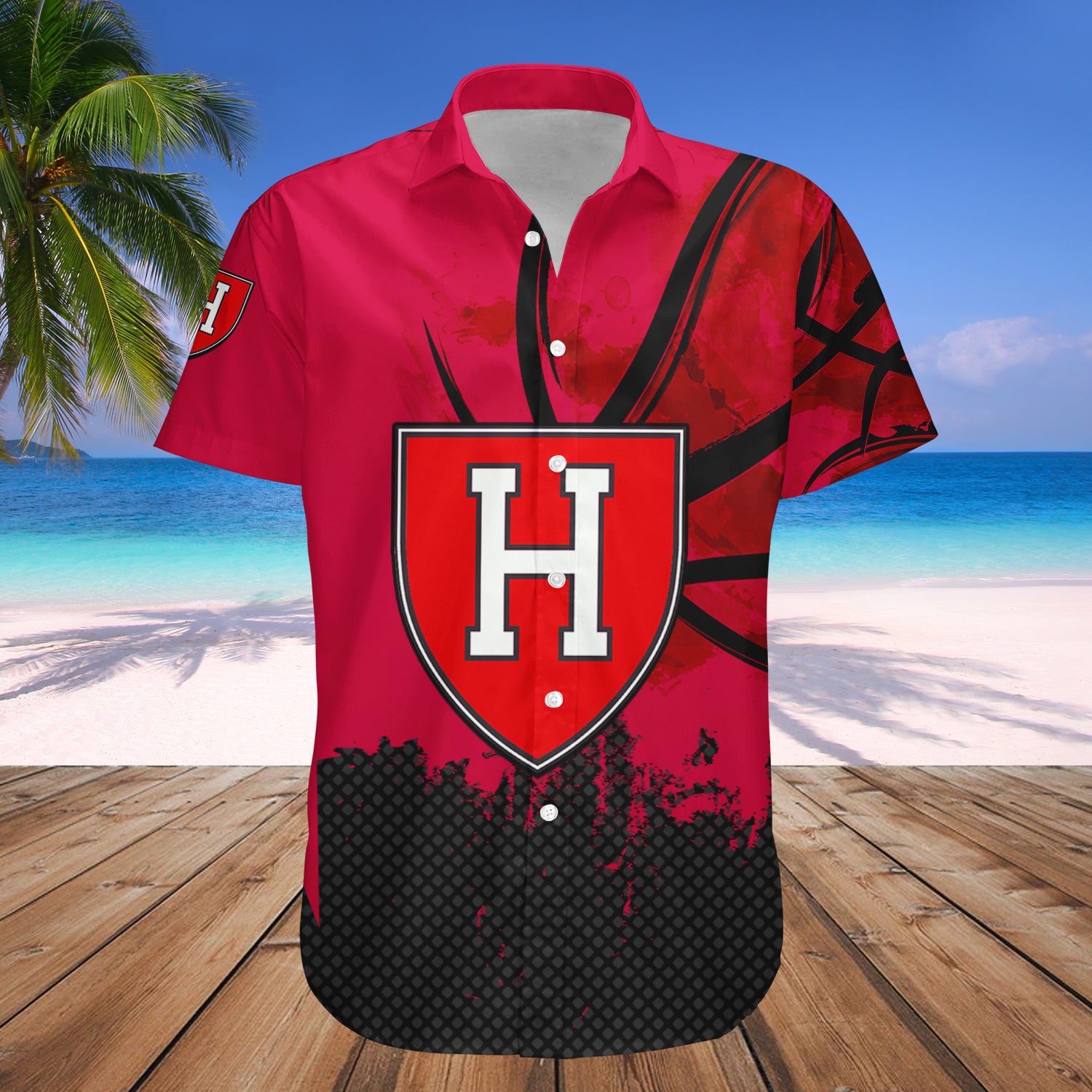 Harvard Crimson Hawaiian Shirt Set Basketball Net Grunge Pattern 1