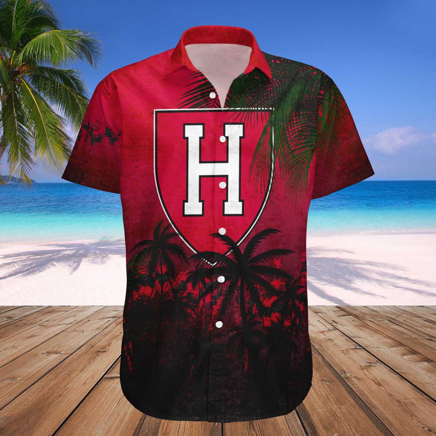 Harvard Crimson Hawaiian Shirt Set Coconut Tree Tropical Grunge 1