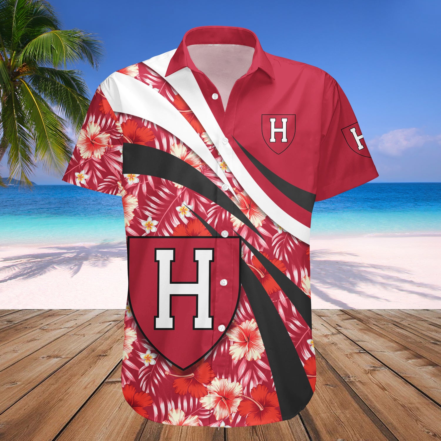 Harvard Crimson Hawaiian Shirt Set Hibiscus Sport Style 1