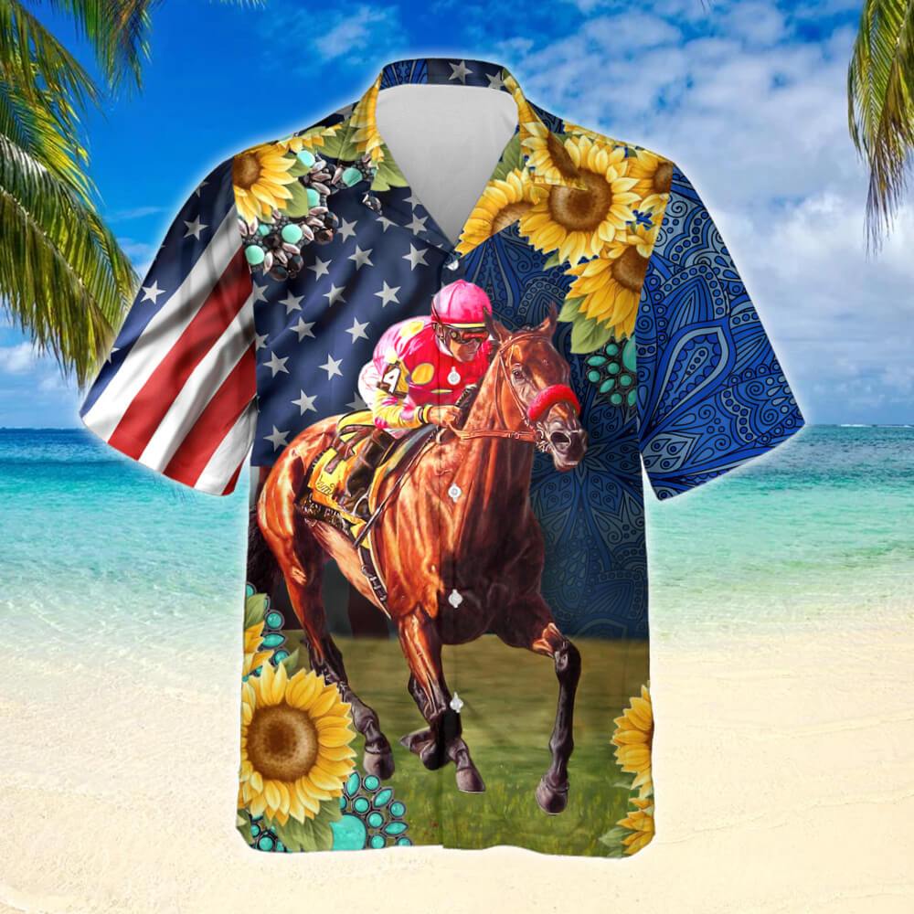 Horse Racing SuNFLower Hawaiian Shirt - Meteew