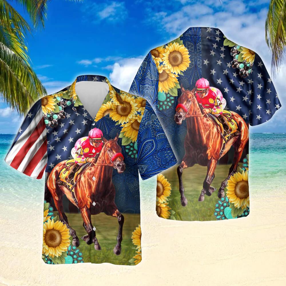 Horse Racing SuNFLower Hawaiian Shirt - Meteew