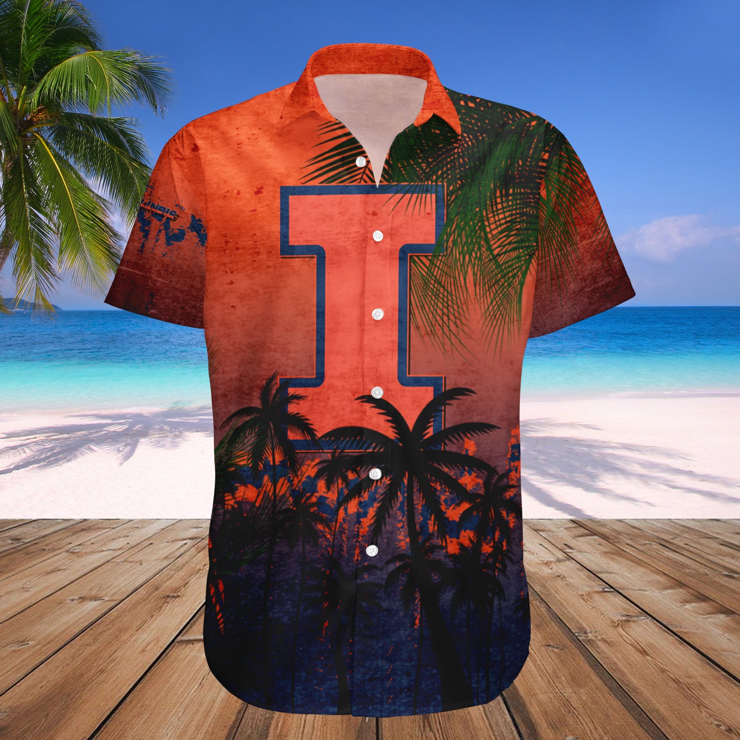 Illinois Fighting Illini Hawaiian Shirt Set Coconut Tree Tropical Grunge 1