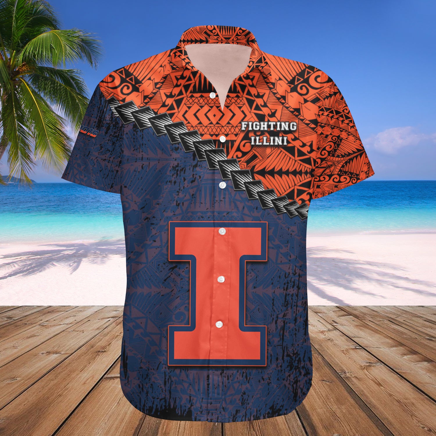 Illinois Fighting Illini Hawaiian Shirt Set Grunge Polynesian Tattoo 1