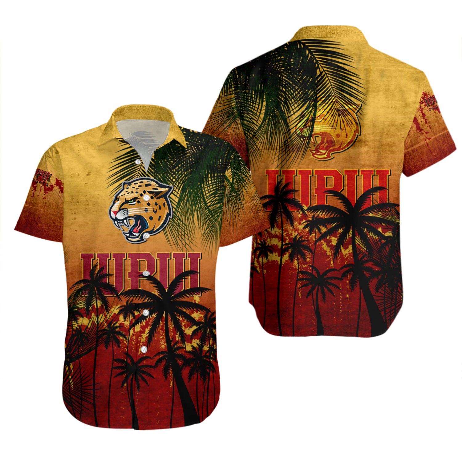 IUPUI Jaguars Hawaiian Shirt Set Coconut Tree Tropical Grunge 2