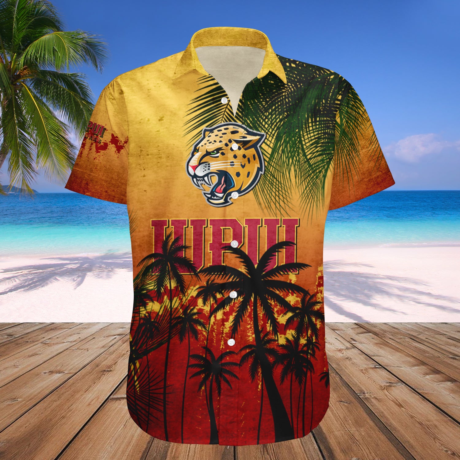 IUPUI Jaguars Hawaiian Shirt Set Coconut Tree Tropical Grunge 1
