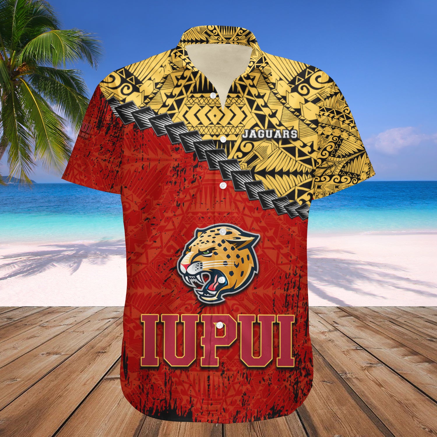 IUPUI Jaguars Hawaiian Shirt Set Grunge Polynesian Tattoo 1