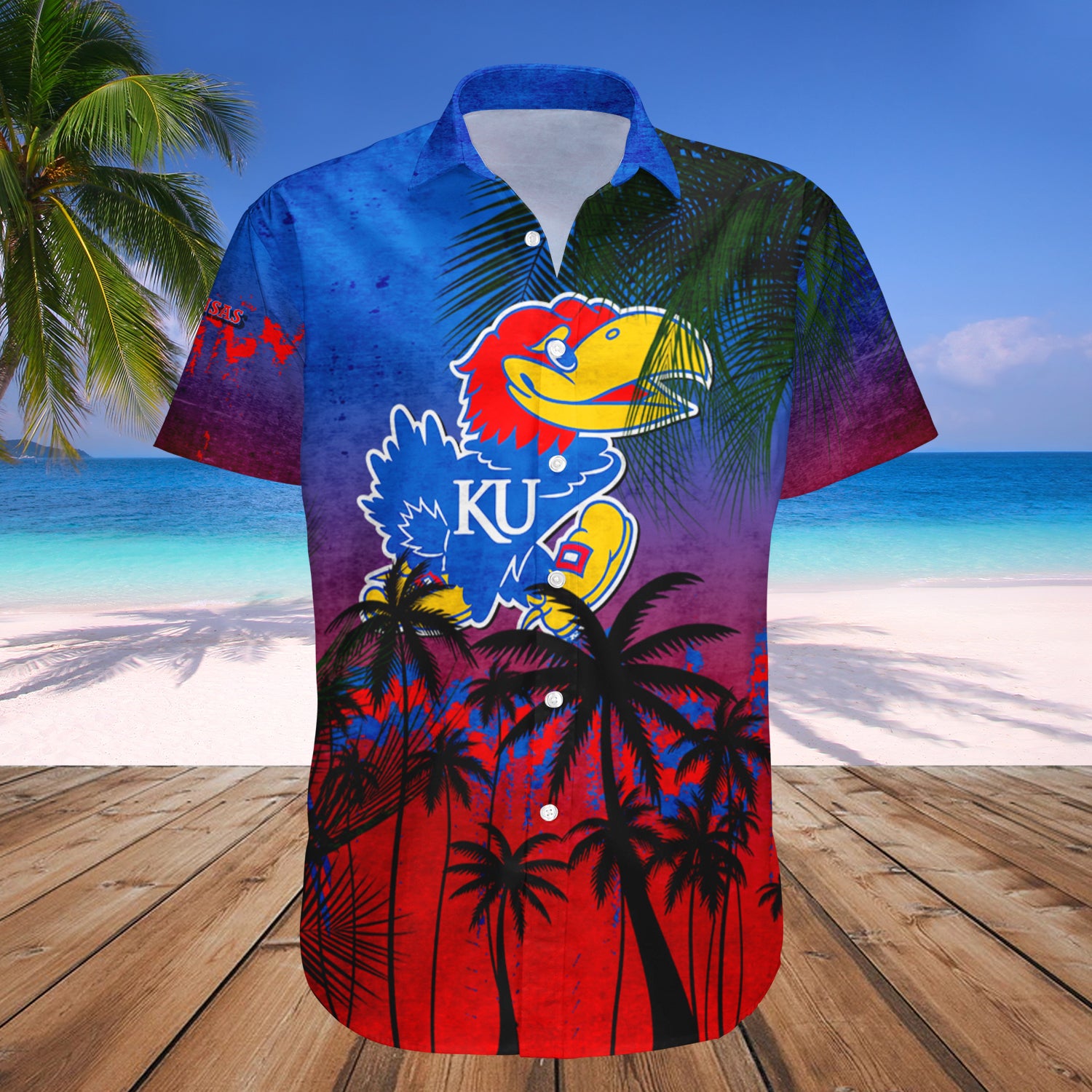 Kansas Jayhawks Hawaiian Shirt Set Coconut Tree Tropical Grunge 1