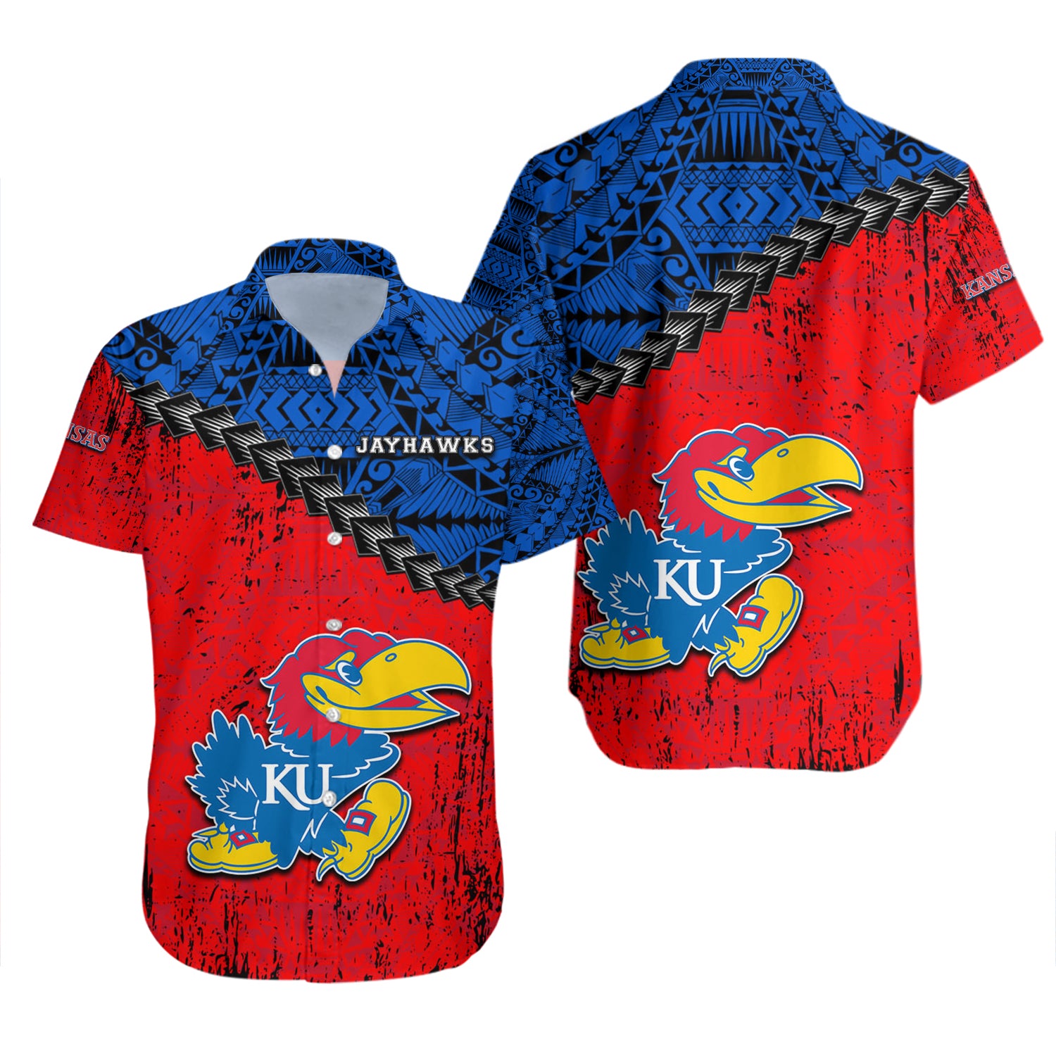 Kansas Jayhawks Hawaiian Shirt Set Grunge Polynesian Tattoo 2