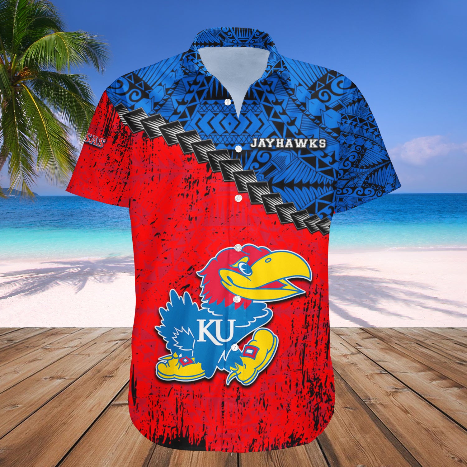 Kansas Jayhawks Hawaiian Shirt Set Grunge Polynesian Tattoo 1