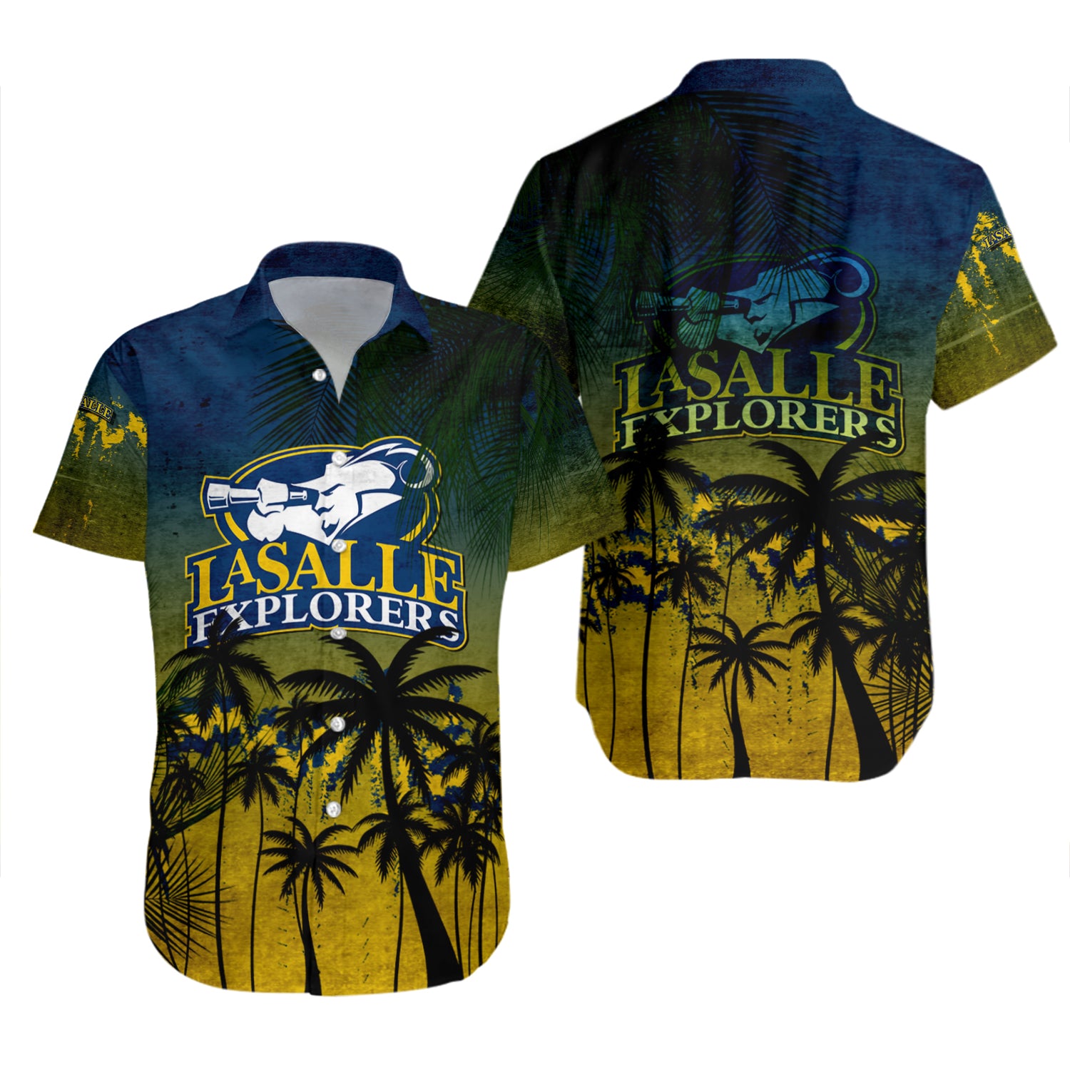 La Salle Explorers Hawaiian Shirt Set Coconut Tree Tropical Grunge 2