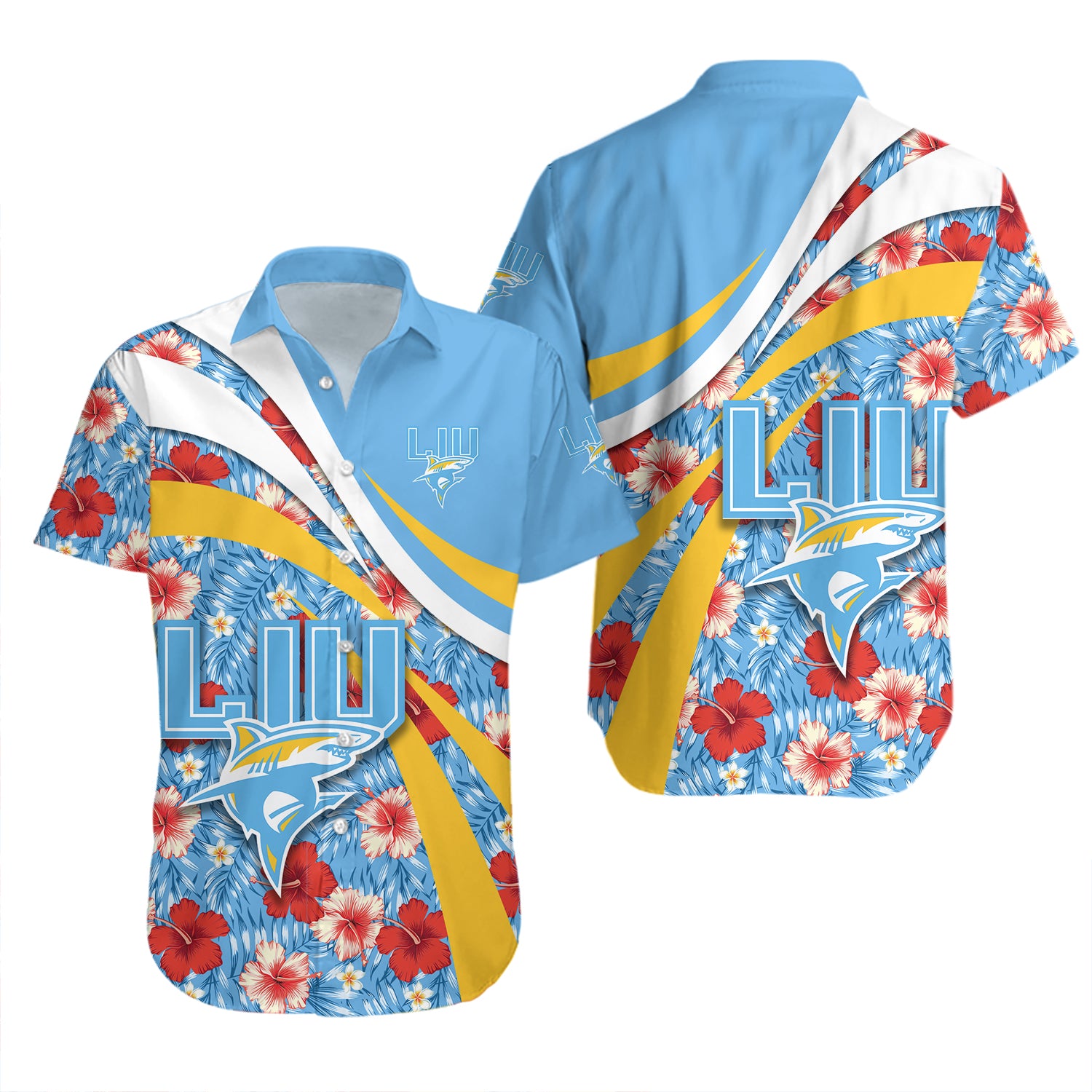 LIU Sharks Hawaiian Shirt Set Hibiscus Sport Style 2