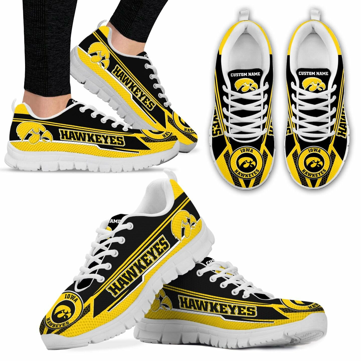 NCAA Iowa Hawkeyes Custom Name Gold Black Running Shoes - Meteew