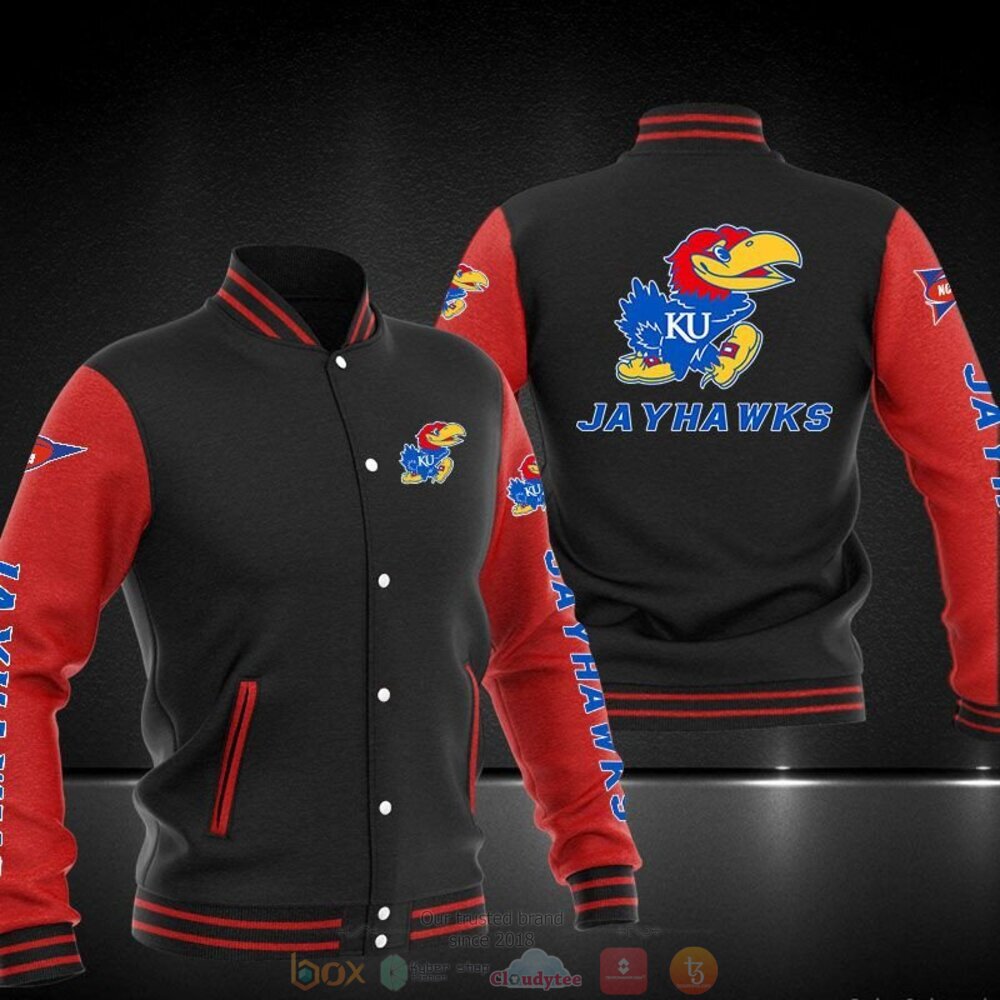 NCAA Kansas Jayhawks Black Red Baseball Jacket - Meteew