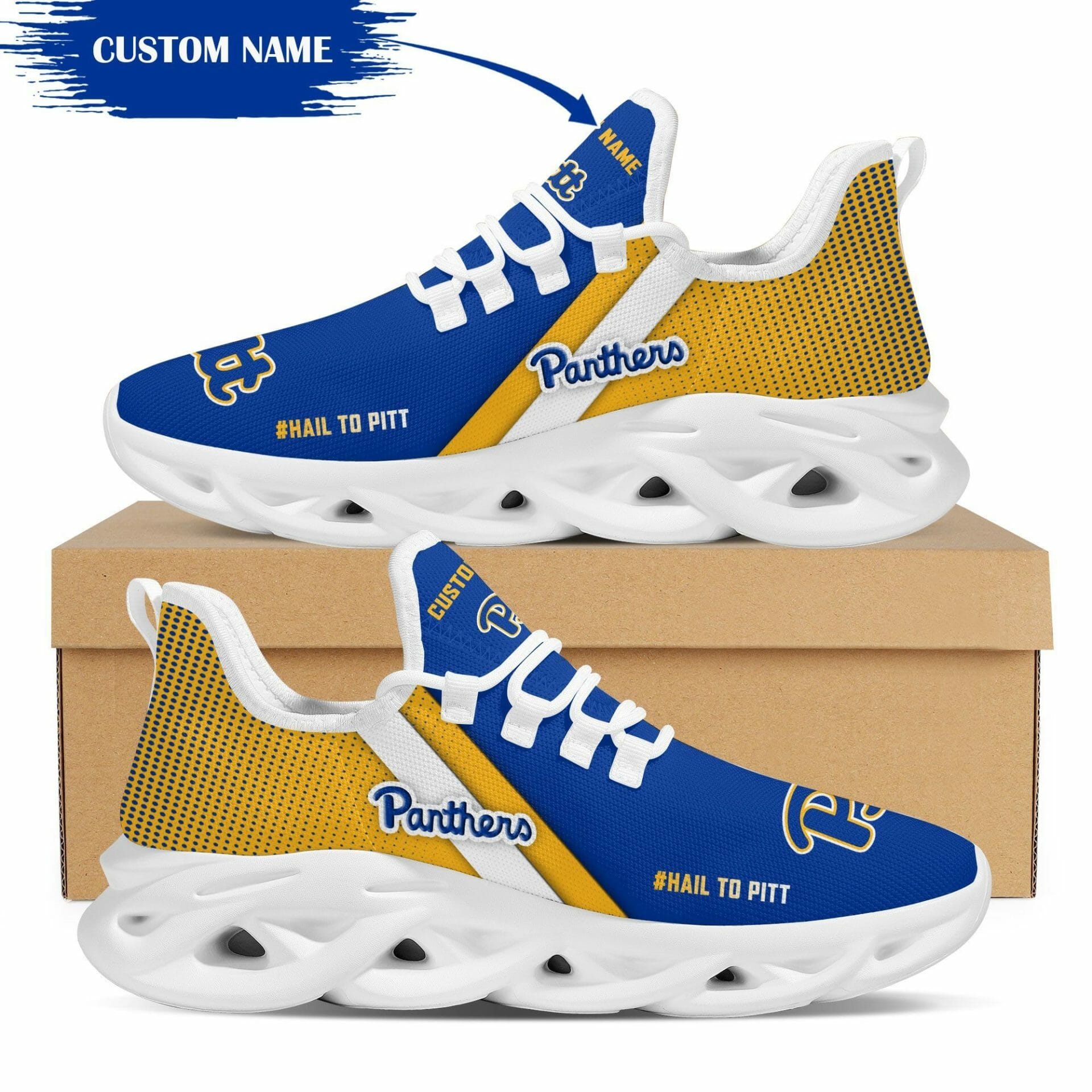 NCAA Pittsburgh Panthers Custom Name Yellow Blue Max Soul Shoes - Meteew
