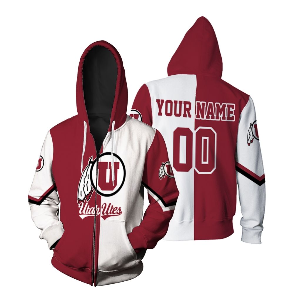 NCAA Utah Utes Custom Name Number Red White Zip Up Hoodie - Meteew