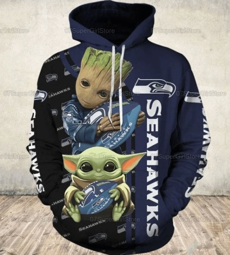 Yoda Cute With Seattle Seahawks NFL Unisex All Over Print Hoodie For Fans 1332